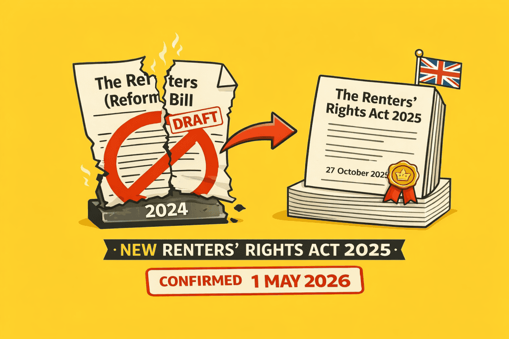 Illustration comparing UK rental laws, showing the Renters Reform Bill 2024 torn and marked as draft and inactive, alongside the Renters Rights Act 2025 as active law with Royal Assent, highlighting the ban on Section 21 evictions and confirmed commencement date of 1 May 2026.