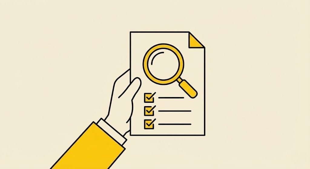 Vector illustration of a hand reviewing a landlord eviction notice with a magnifying glass and checklist, Section 21 notice check, private tenant rights in England in respect of the Renters' Right Act 2025.