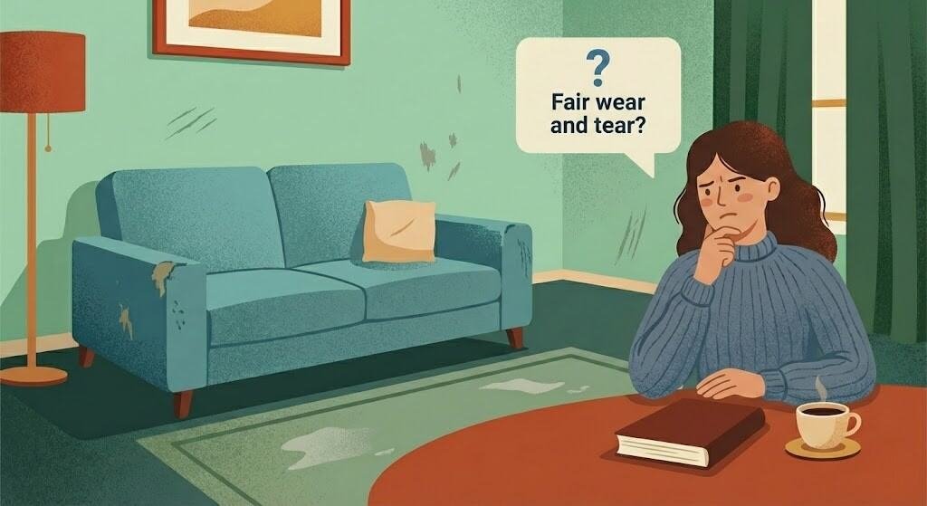 Is it Fair Wear and Tear? – Tenant Hive Vector illustration of a thoughtful female tenant examining a living room sofa and rug, with a caption reading 'Fair wear and tear?' The image depicts the common confusion between rental property damage and normal aging during a tenancy check-out inspection.