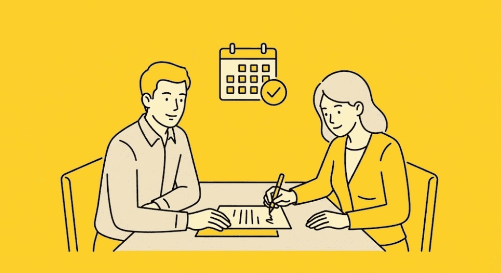 Landlord and Tenant signing Tenancy Agreement as a visual explanation of the Restricted Period under Ground 1A (Intent to Sell), illustrating the 12-month ban on marketing or re-letting a property after a landlord has used a Section 8 possession ground.