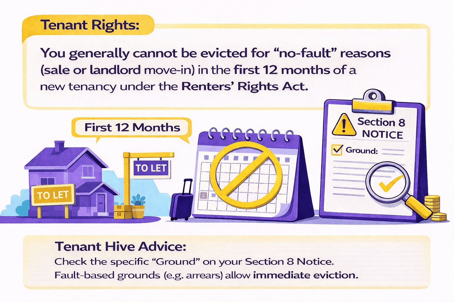 Vector infographic by Tenant Hive explaining tenant rights under the Renters’ Rights Act 2025, showing that no-fault evictions for sale or landlord move-in are not allowed during the first 12 months of a new tenancy, with visual references to a Section 8 Notice, eviction grounds, and guidance that fault-based grounds such as rent arrears can still allow immediate eviction under UK housing law.