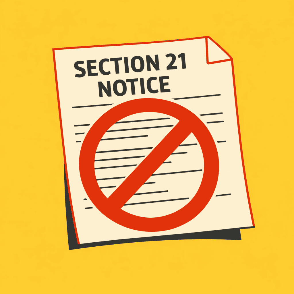 Image showing total ban on Section 21 (no fault evictions) under Renters' Right Act 2025.