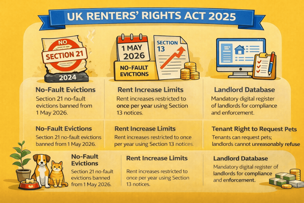 Infographic summarising the UK Renters’ Rights Act 2025, featuring a blue banner header and explaining the abolition of Section 21 no-fault evictions from 1 May 2026, limits on rent increases using Section 13 notices, tenant rights to request pets without unreasonable refusal, and the introduction of a mandatory Private Rented Sector landlord database for compliance and enforcement.