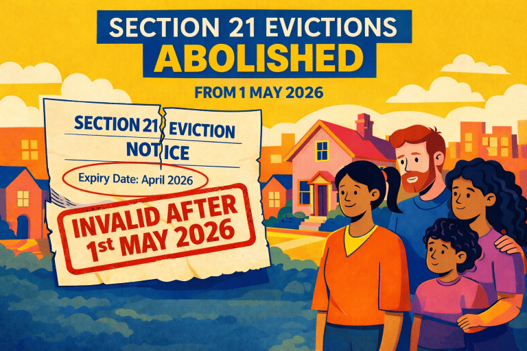 Tenant Hive featured image showing a torn “Section 21 Eviction Notice” with a bold red “Invalid after 1 May 2026” stamp in front of a UK rental home and tenants, illustrating the Renters Rights Act 2025 change abolishing Section 21 from 1 May 2026 and warning tenants to check notice dates in the transition period.