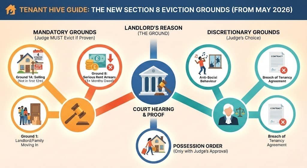 Tenant Hive guide infographic explaining the new Section 8 eviction grounds in the UK after the Renters’ Rights Act 2025 abolishes Section 21. A central courthouse icon (Court Hearing & Proof) splits into two paths: Left side (Mandatory Grounds): Includes Ground 1A Selling (4 months notice), Ground 1 Landlord/Family Moving In, and Ground 8 Serious Rent Arrears (3+ Months Owed with £ symbol). Right side (Discretionary Grounds): Includes Anti-Social Behaviour and Breach of Tenancy Agreement. Both lead to a judge figure and final path for 'Possession Order (Only with Judge’s Approval)'