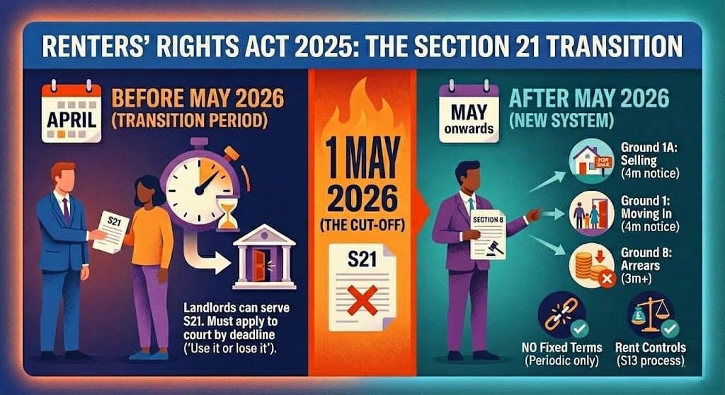 Tenant Hive infographic in a textured flat vector style illustrating the timeline for the Renters’ Rights Act 2025 Section 21 ban. The infographic is split into three distinct periods: 1. Before May 2026 (Transition Period): Landlords can still serve S21, marked by a stopwatch ticking towards a courthouse with 'Use it or lose it' advice. 2. 1 May 2026 (The Cut-Off): An S21 document icon inside a flame graphic with a large red 'X', symbolizing the abolition of no-fault evictions. 3. After May 2026 (New System): Details of the new mandatory Section 8 grounds (Selling, Moving In, Arrears) and new tenant protections against fixed terms and unfair rent increases (£ balance scale icon).