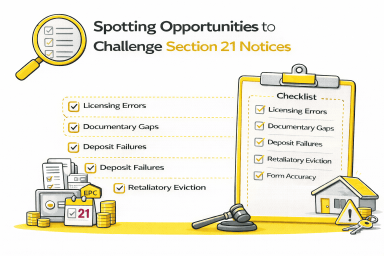 Featured image by Tenant Hive showing a clean white background vector illustration in a yellow and grey accent style, with a magnifying glass and checklist explaining how tenants can challenge a Section 21 eviction notice, covering common grounds such as landlord licensing errors, missing How to Rent documents, gas safety certificate and EPC failures, deposit protection breaches, retaliatory eviction, and notice validity under the Renters’ Rights Act and UK housing law.