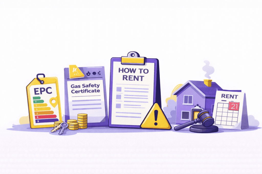 Purple and yellow flat vector illustration showing key UK rental compliance documents and eviction concepts, including an EPC energy certificate, gas safety certificate, How to Rent guide, rent calendar, house and gavel, representing Section 21 notice validity checks, tenant rights, and landlord legal requirements under the Renters’ Rights Act and UK housing law, created for Tenant Hive.
