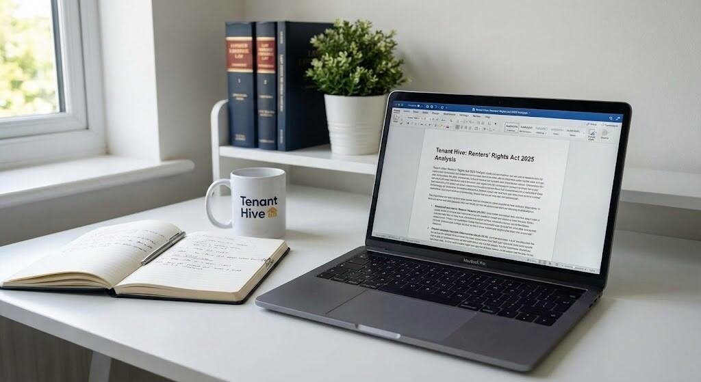 Tenant Hive editorial workspace showing research into the Renters' Rights Act 2025 and housing legislation.