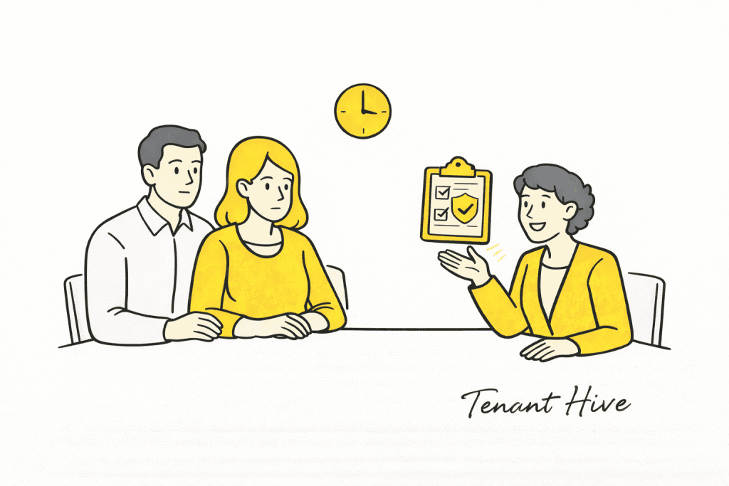 Flat vector illustration in a yellow and grey accent style showing a male and female tenant seated together at a table, consulting with a Tenant Hive adviser holding a Section 21 checklist, representing tenant support, eviction notice checks, and legal guidance under the Renters’ Rights Act, signed “Tenant Hive” in black script on a white background.