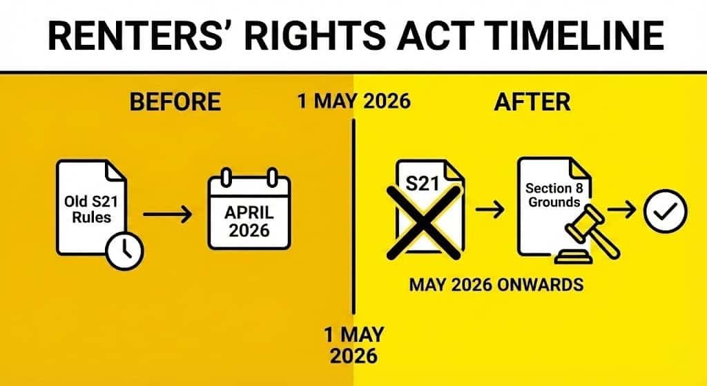 Implementation roadmap for the Renters’ Rights Act 2025, confirming the 1 May 2026 commencement date for the total abolition of Section 21 and the conversion of fixed terms to periodic tenancies.