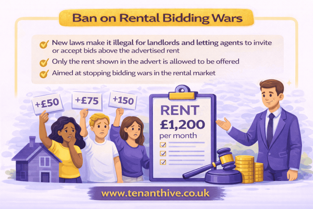 Illustrated Tenant Hive infographic explaining the Renters’ Rights Act 2025 ban on rental bidding wars in England, showing tenants pressured to raise rent offers, a letting agent pointing to a fixed advertised rent of £1,200 per month, and key rules stating landlords and agents cannot accept bids above the advertised rent, with www.tenanthive.co.uk displayed at the bottom in yellow.