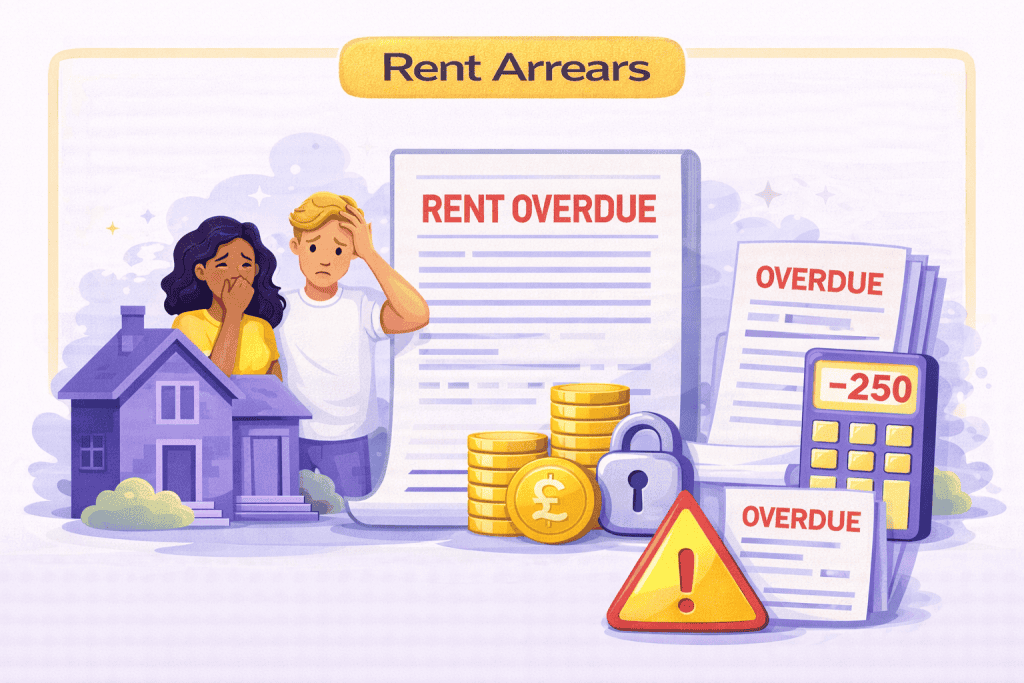 Purple and yellow flat vector illustration showing rent arrears under UK housing law, with tenants standing outside a rented home beside overdue rent documents, unpaid bills, and a calculator showing a negative balance, representing serious rent arrears, missed rent payments, and potential eviction action under the Renters’ Rights Act, created for Tenant Hive tenant guidance.