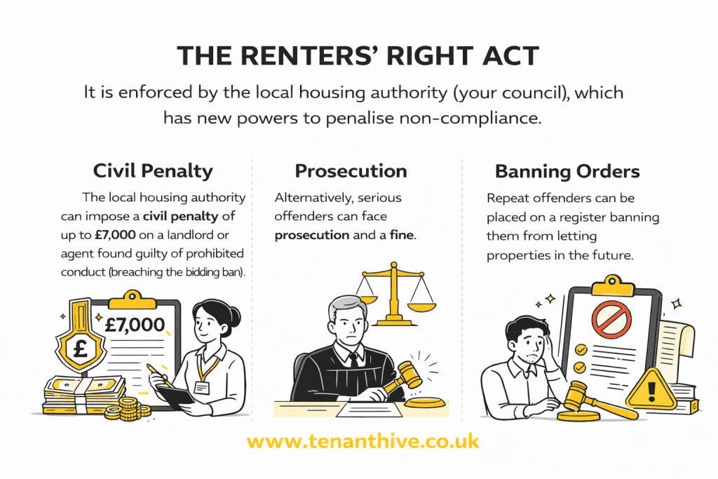 Tenant Hive infographic explaining how the Renters’ Rights Act bidding ban is enforced by the local housing authority, showing three actions, Civil Penalty up to £7,000, Prosecution, and Banning Orders, with black line icons and yellow accents on a white background, and the website www.tenanthive.co.uk in yellow at the bottom.
