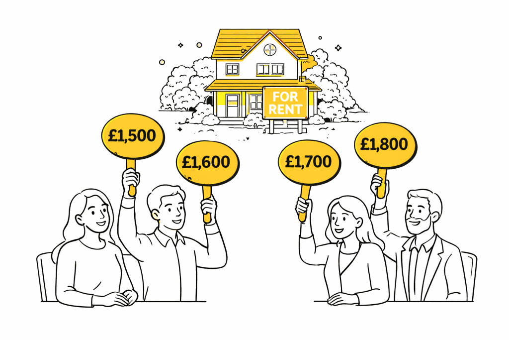 Clean flat vector illustration on a white background showing rental bidding, four prospective tenants raise yellow bid paddles with black pound amounts (£1,500, £1,600, £1,700, £1,800) in front of a house with a “For Rent” sign, highlighting rent bidding pressure in the UK private rental market.