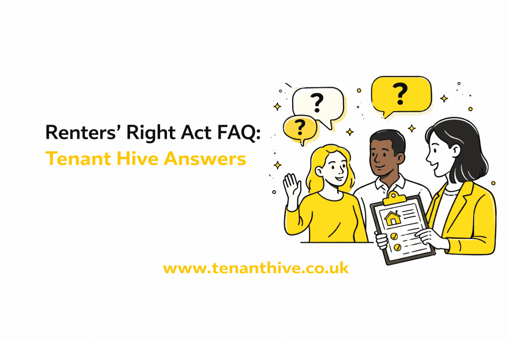 Renters’ Rights Act FAQ, Tenant Hive Answers, flat vector illustration on a white background with black line art and yellow accents, three UK renters discussing tenant rights with question mark speech bubbles and a clipboard checklist, www.tenanthive.co.uk in yellow at the bottom.