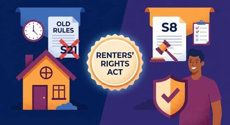 Textured flat vector illustration representing the Renters' Rights Act and Section 8 eviction rules. The image features a central badge labeled 'Renters' Rights Act'. On the left, a document labeled 'Old Rules S21' is crossed out with a red X. On the right, a new document labeled 'S8' is displayed next to a legal gavel, symbolizing the new court-based grounds for possession. A smiling tenant stands beside a house icon protected by a shield, indicating increased security.
