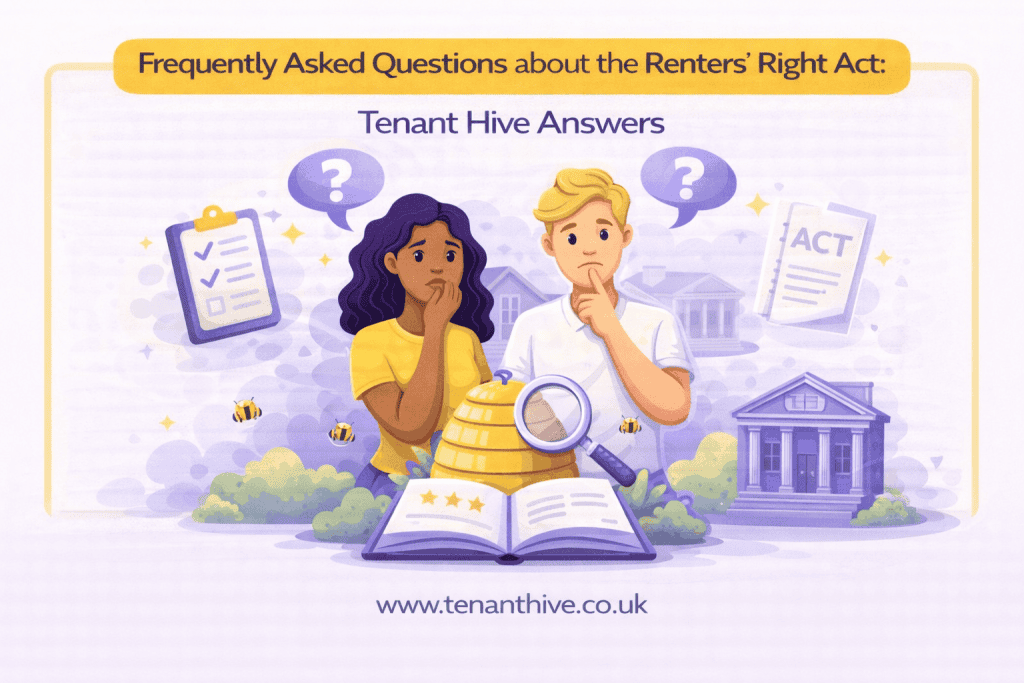 Purple and yellow flat vector illustration for Tenant Hive titled “Frequently Asked Questions about the Renters’ Rights Act”, showing two tenants with question marks, a legal handbook, checklist, magnifying glass, and courthouse icons, representing common tenant questions and clear answers about eviction rules, Section 21 abolition, Section 8 grounds, and tenant rights under the Renters’ Rights Act 2025, with www.tenanthive.co.uk displayed at the bottom.