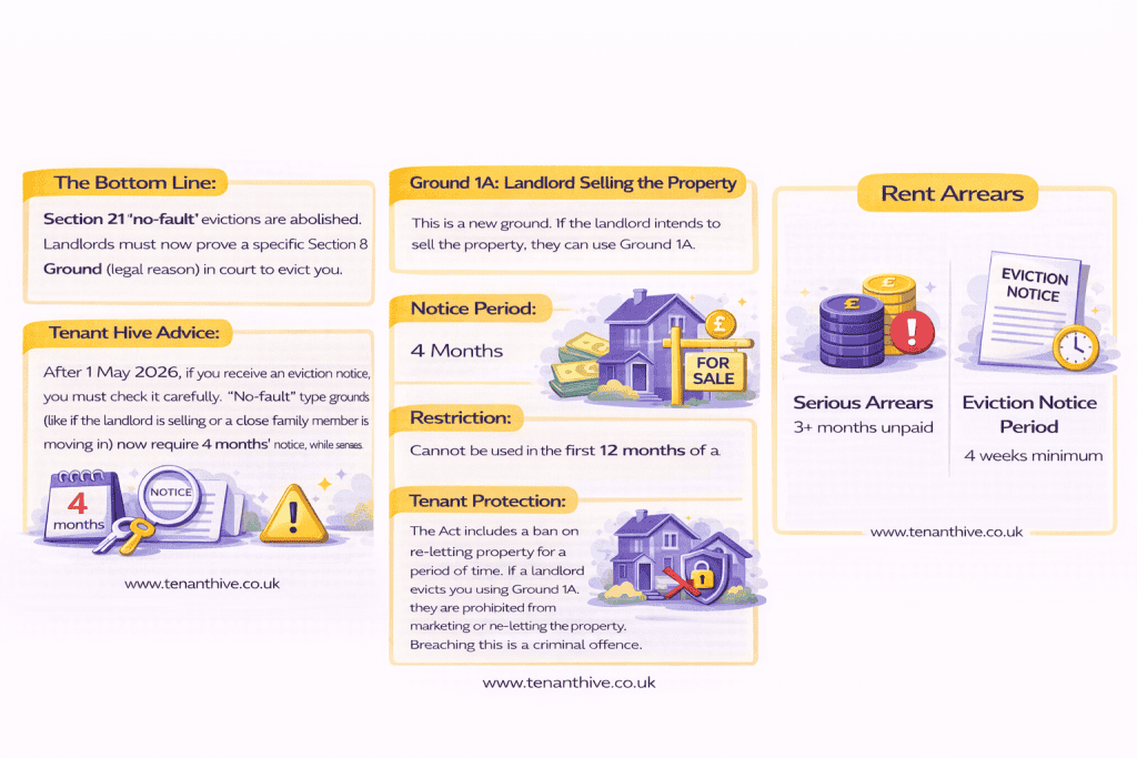 Purple and yellow flat vector infographic by Tenant Hive explaining key changes under the Renters’ Rights Act 2025, showing the abolition of Section 21 no-fault evictions, the new Ground 1A landlord selling rules with four months’ notice and a 12-month restriction, and rent arrears eviction rules including serious arrears of three or more months and a minimum four week eviction notice period, with www.tenanthive.co.uk displayed at the bottom.