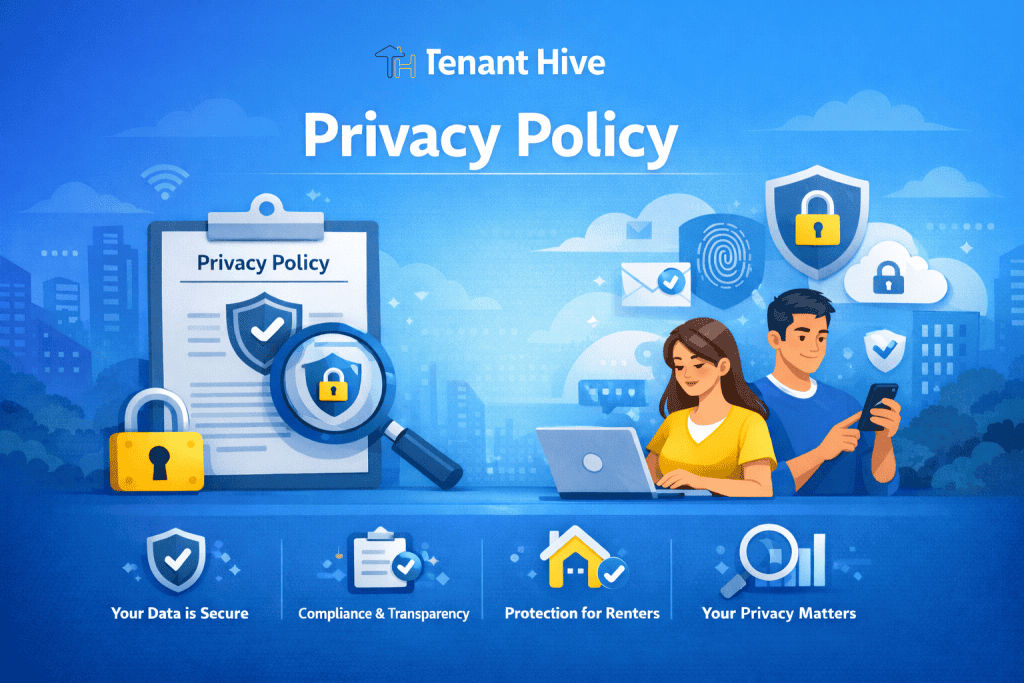 Tenant Hive Privacy Policy banner with Tenant Hive logo, padlock and shield security icons, privacy document on clipboard, tenants using laptop and phone, and trust messages: Your Data is Secure, Compliance and Transparency, Protection for Renters, Your Privacy Matters, UK tenant guidance website data protection branding