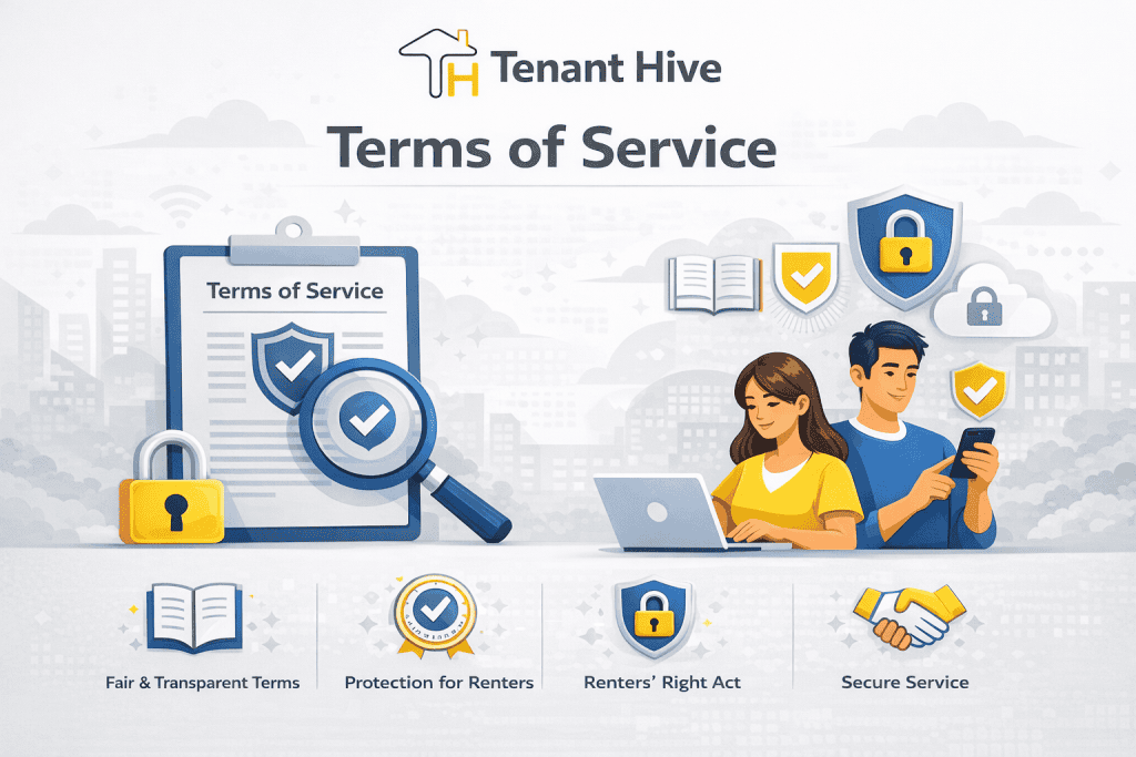 Tenant Hive Terms of Service banner featuring the Tenant H logo, clear legal terms document, security shield and padlock icons, Renters’ Right Act badge, transparent service visuals, and tenants using digital devices, signalling trust, authority, compliance, and reliable UK tenant rights guidance