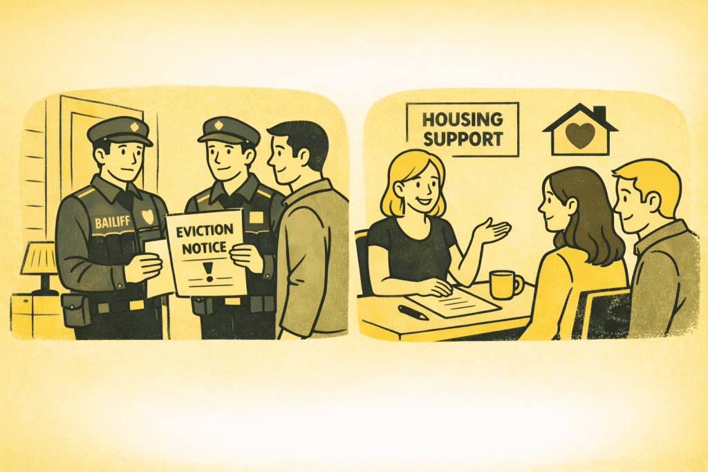 Eviction notice and housing support discussion.