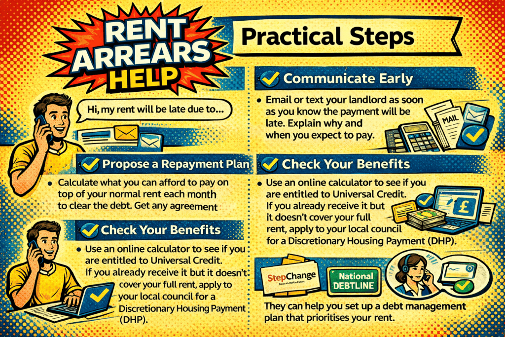 Illustration showing practical steps for tenants in rent arrears, including contacting the landlord, setting a repayment plan, checking Universal Credit and Discretionary Housing Payment, and getting debt advice